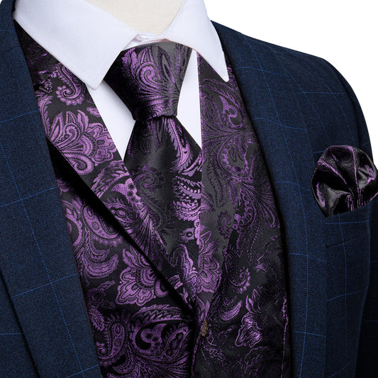 Dark Purple Paisley Men's Collar Vest Set vest set S (Chest 40")   - Sophisticated Gentlemen
