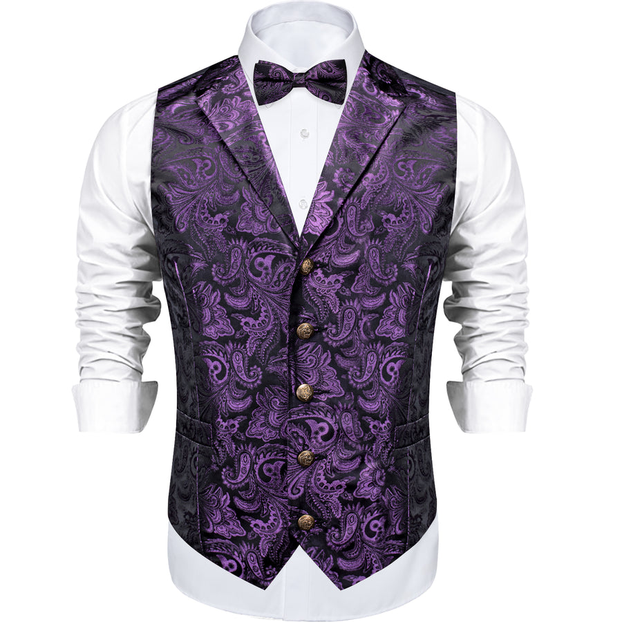 Dark Purple Paisley Silk Men's Collar Bowtie Vest Set vest set    - Sophisticated Gentlemen