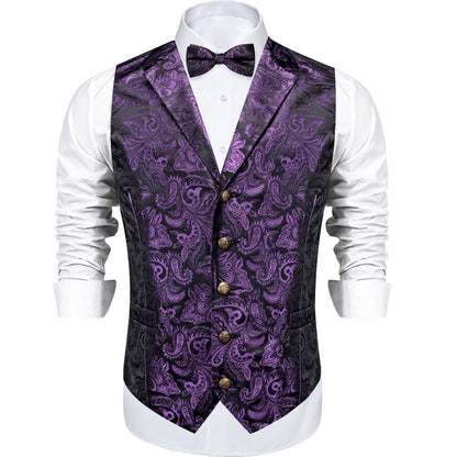 Dark Purple Paisley Silk Men's Collar Bowtie Vest Set vest set    - Sophisticated Gentlemen