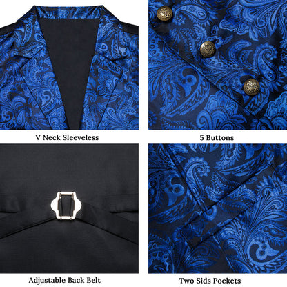 Regal Sapphire Paisley Notched Collar Vest Set vest set    - Sophisticated Gentlemen