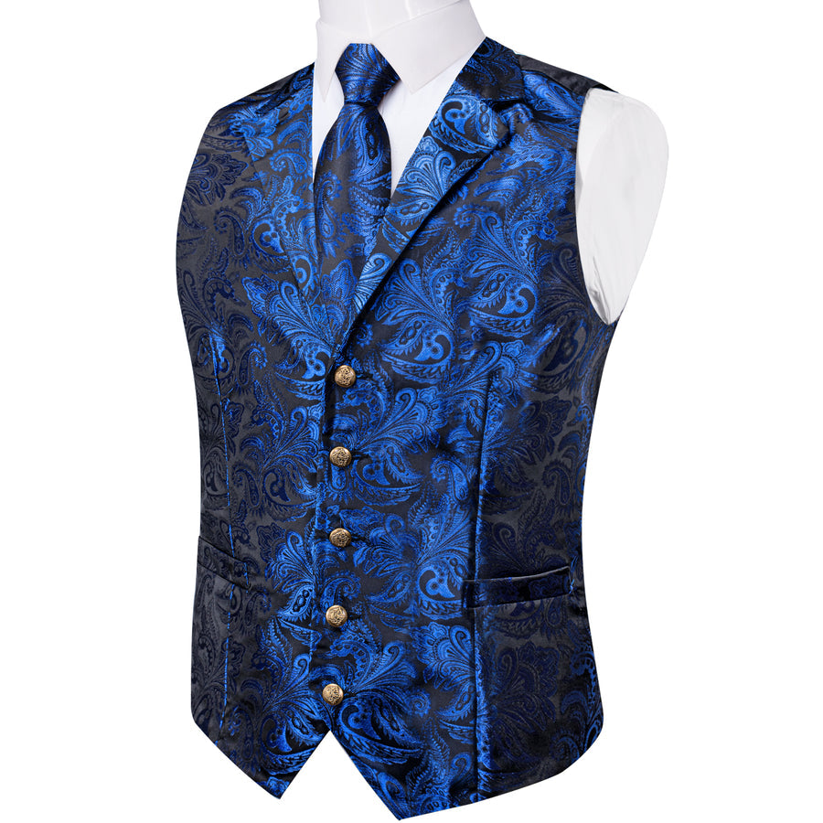 Regal Sapphire Paisley Notched Collar Vest Set vest set    - Sophisticated Gentlemen
