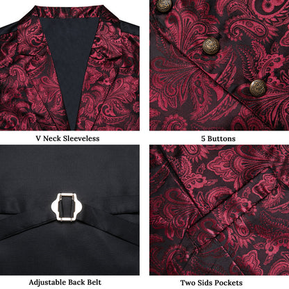 Burgundy Red Paisley Men's Collar Vest Set vest set    - Sophisticated Gentlemen