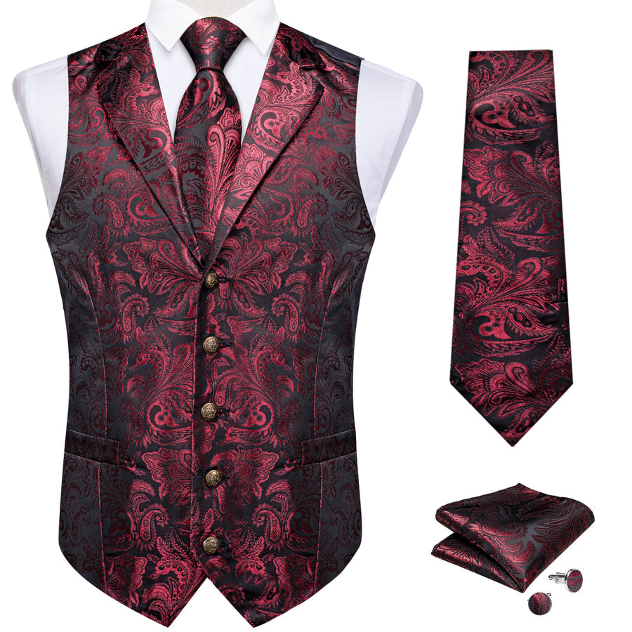 Burgundy Red Paisley Men's Collar Vest Set vest set    - Sophisticated Gentlemen