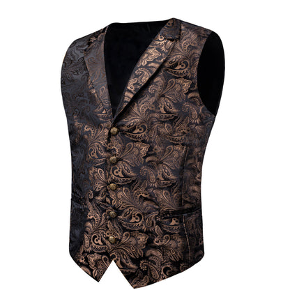 Dark Brown Paisley Silk Men's Collar Bowtie Vest Set vest set    - Sophisticated Gentlemen
