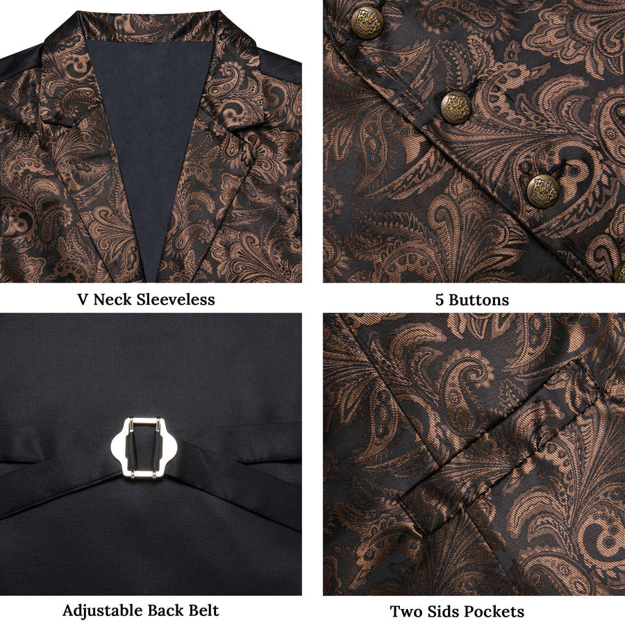 Dark Brown Paisley Silk Men's Collar Bowtie Vest Set vest set    - Sophisticated Gentlemen