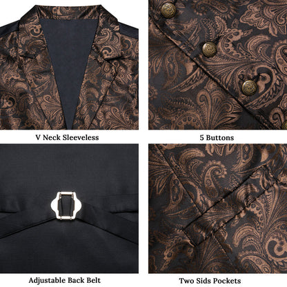 Dark Brown Paisley Silk Men's Collar Bowtie Vest Set vest set    - Sophisticated Gentlemen