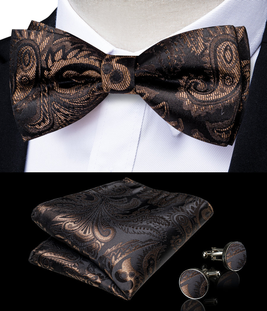 Dark Brown Paisley Silk Men's Collar Bowtie Vest Set vest set    - Sophisticated Gentlemen