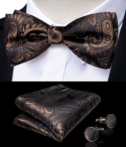 Dark Brown Paisley Silk Men's Collar Bowtie Vest Set vest set    - Sophisticated Gentlemen