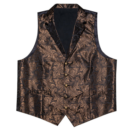 Dark Brown Paisley Silk Men's Collar Bowtie Vest Set vest set    - Sophisticated Gentlemen