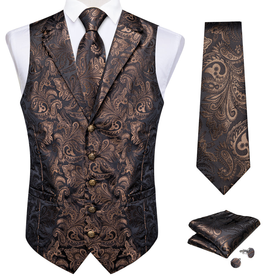 Dark Brown Paisley Men's Collar Vest Set vest set    - Sophisticated Gentlemen