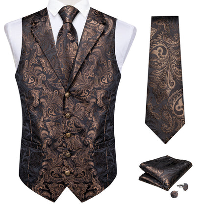 Dark Brown Paisley Men's Collar Vest Set vest set    - Sophisticated Gentlemen