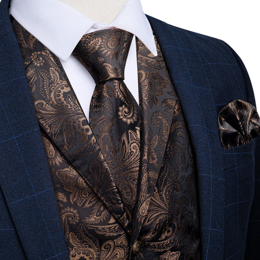 Dark Brown Paisley Men's Collar Vest Set vest set S (Chest 40")   - Sophisticated Gentlemen