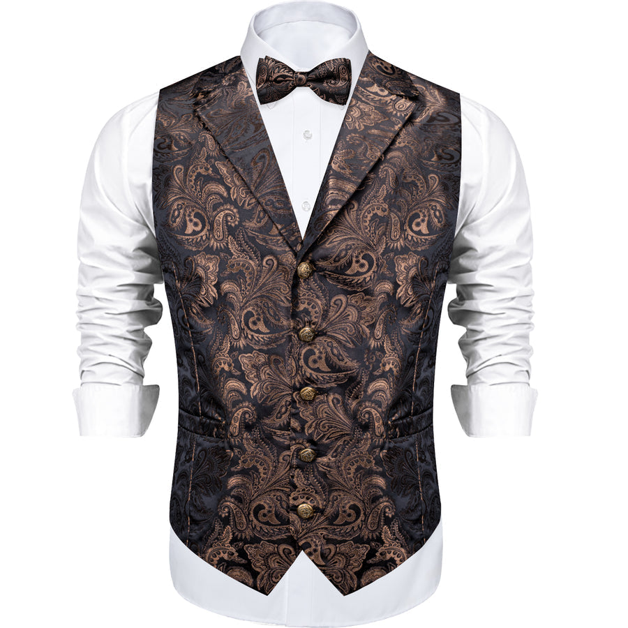 Dark Brown Paisley Silk Men's Collar Bowtie Vest Set vest set    - Sophisticated Gentlemen