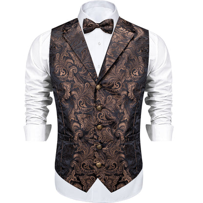 Dark Brown Paisley Silk Men's Collar Bowtie Vest Set vest set    - Sophisticated Gentlemen
