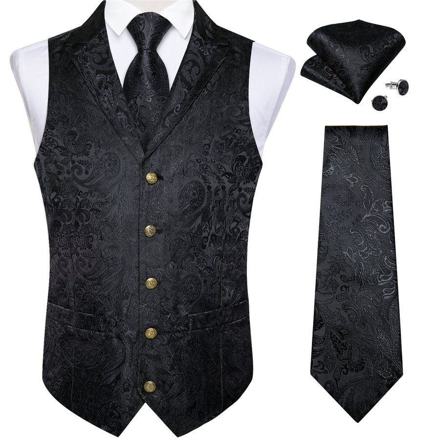 Black Paisley Men's Collar Vest Set vest set    - Sophisticated Gentlemen