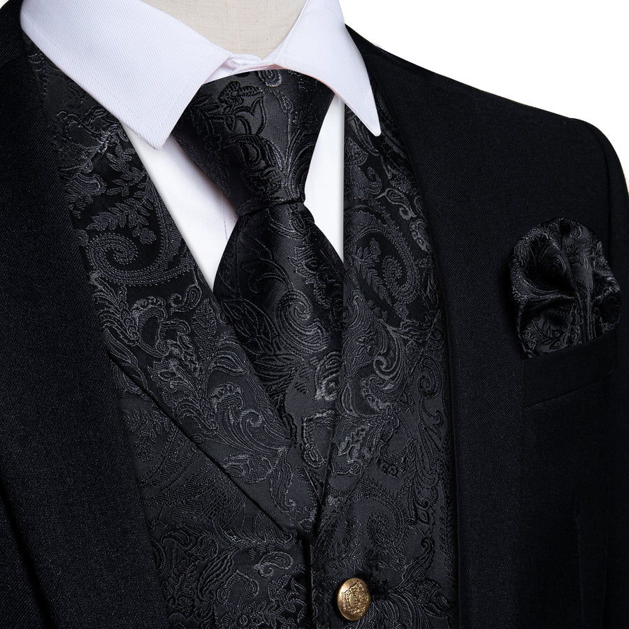 Black Paisley Men's Collar Vest Set vest set S (Chest 40")   - Sophisticated Gentlemen