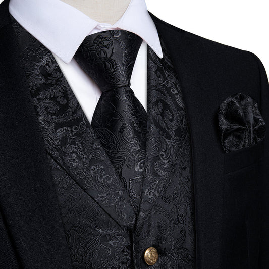 Black Paisley Men's Collar Vest Set vest set S (Chest 40")   - Sophisticated Gentlemen