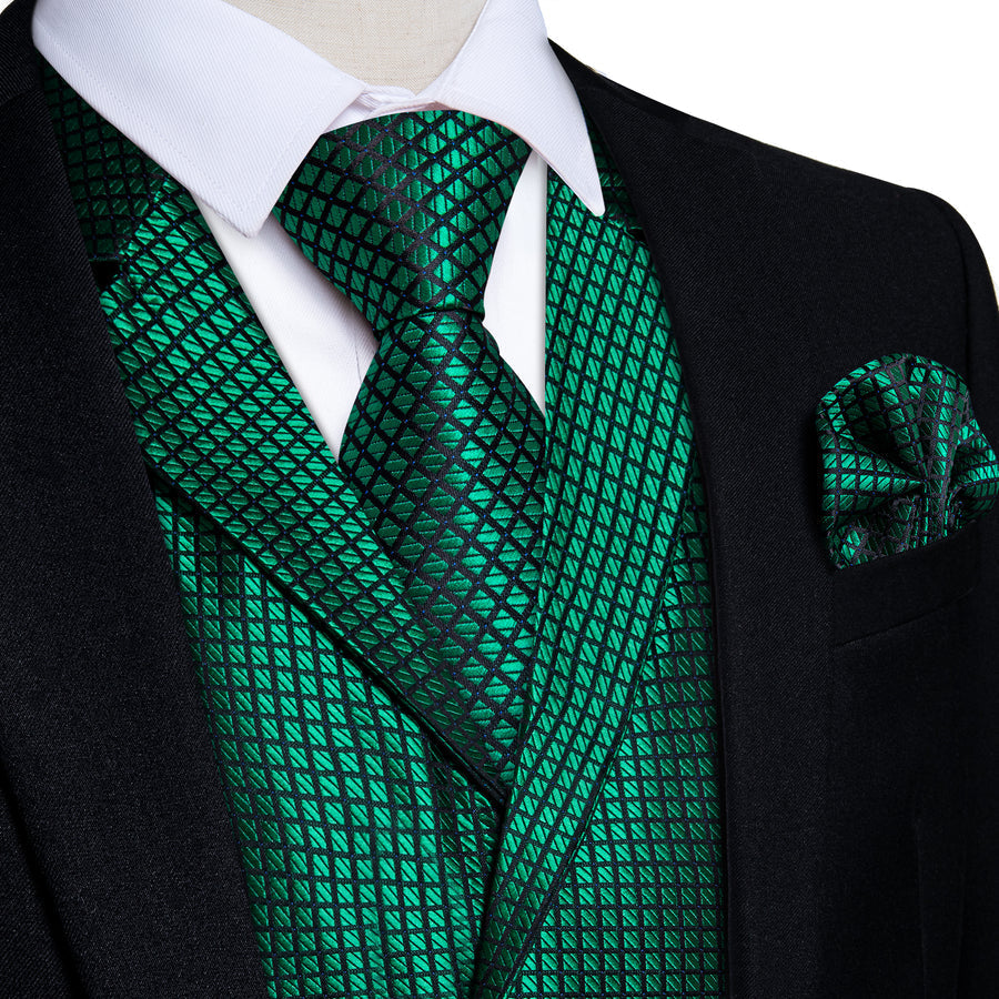 Black Green Plaid Classic Men's Collar Vest Set vest set S (Chest 40")   - Sophisticated Gentlemen