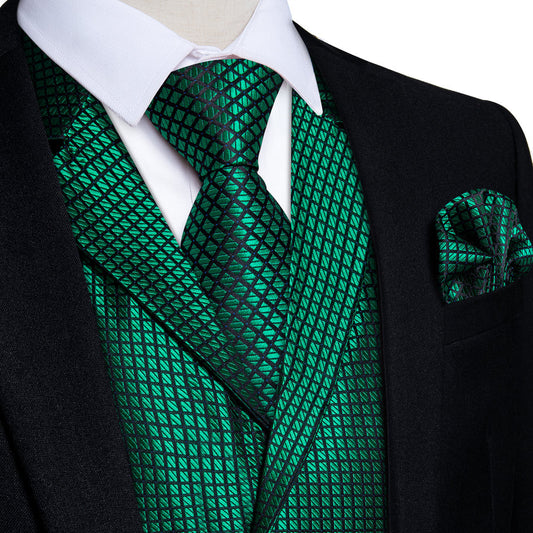 Black Green Plaid Classic Men's Collar Vest Set vest set S (Chest 40")   - Sophisticated Gentlemen
