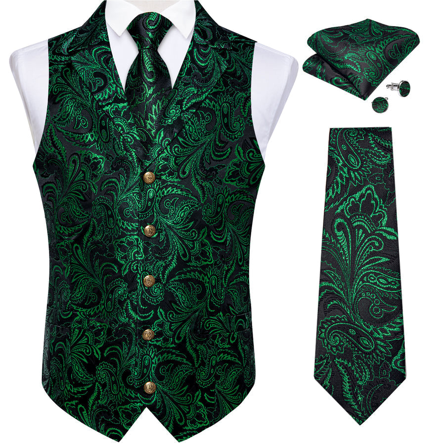 Black Dark Green Paisley Men's Collar Vest Set vest set    - Sophisticated Gentlemen