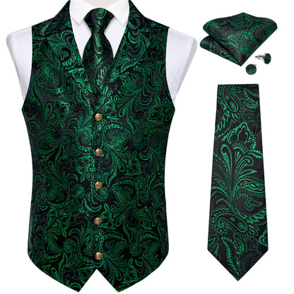 Black Dark Green Paisley Men's Collar Vest Set vest set    - Sophisticated Gentlemen