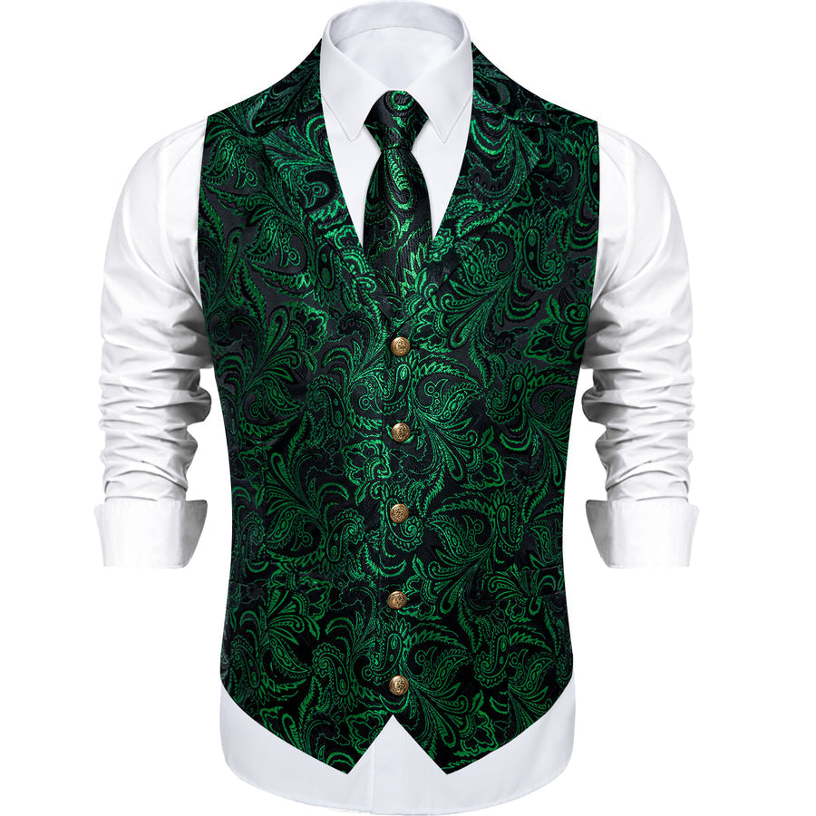 Black Dark Green Paisley Men's Collar Vest Set vest set    - Sophisticated Gentlemen