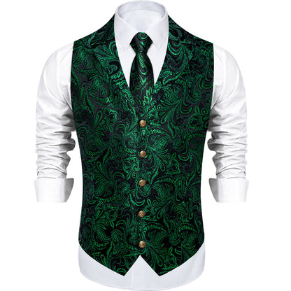 Black Dark Green Paisley Men's Collar Vest Set vest set    - Sophisticated Gentlemen