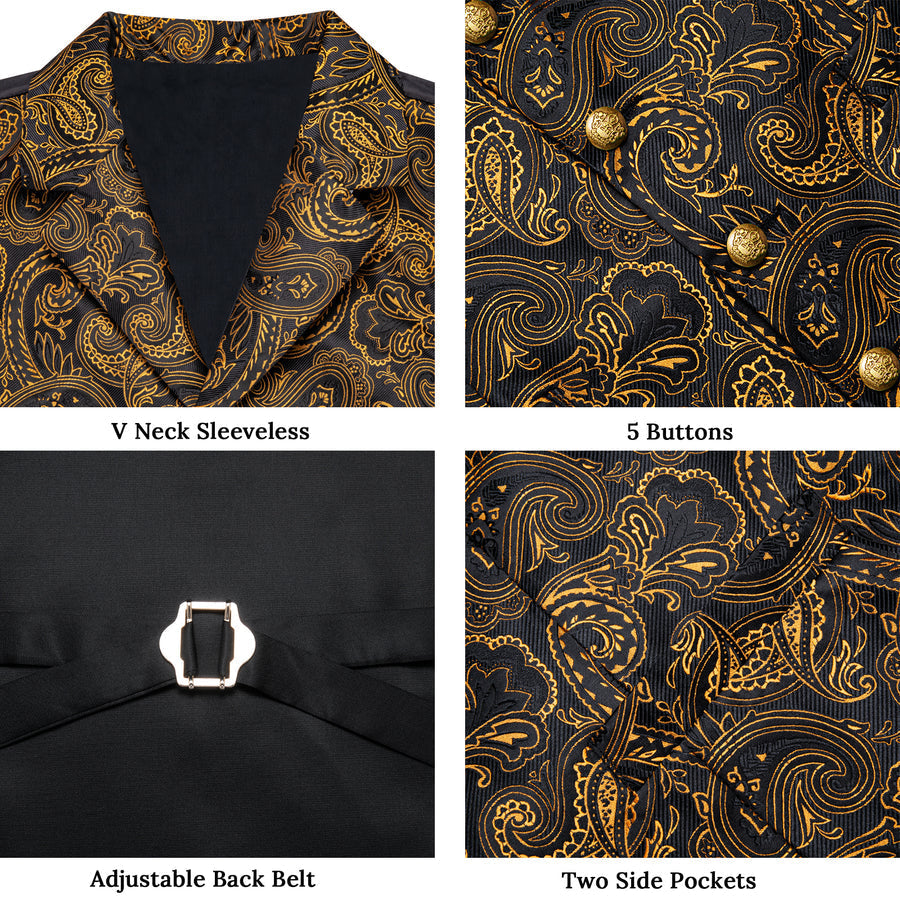 Black Golden Yellow Paisley Men's Collar Vest Set vest set    - Sophisticated Gentlemen