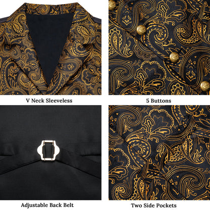 Black Golden Yellow Paisley Men's Collar Vest Set vest set    - Sophisticated Gentlemen