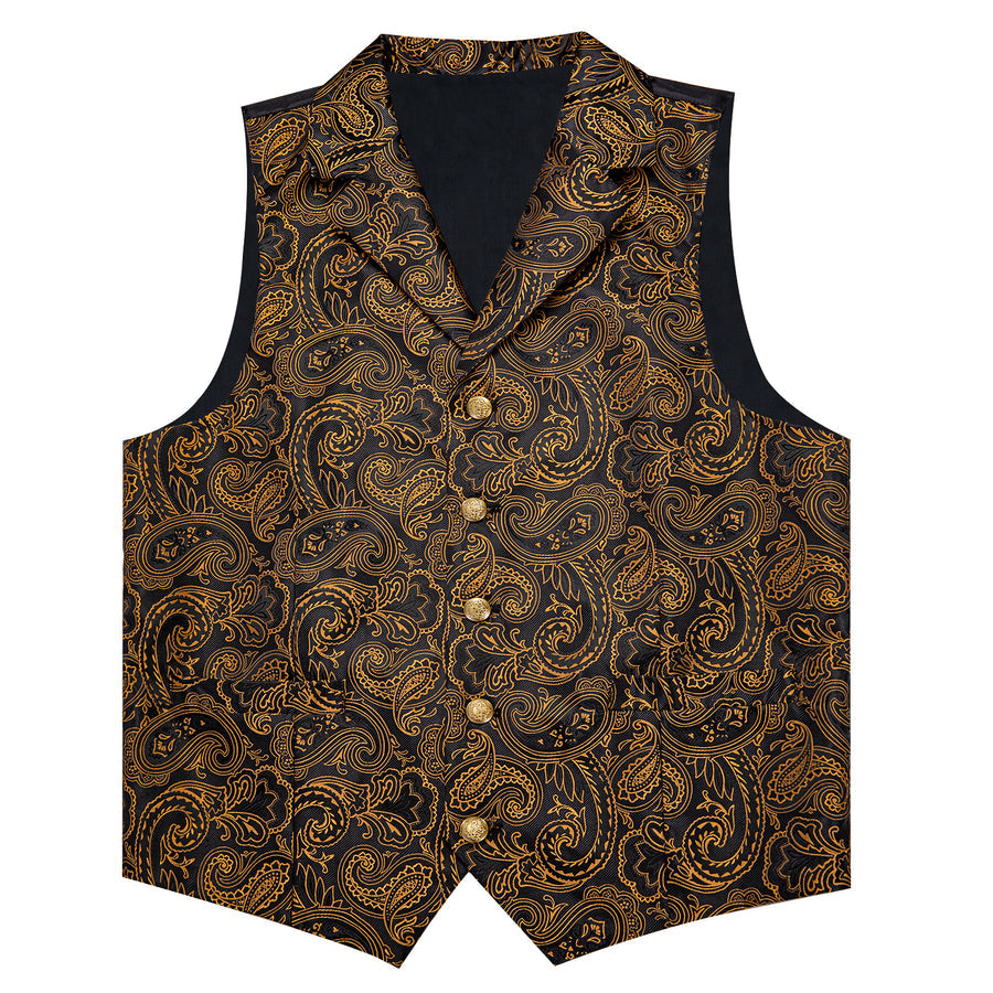 Black Golden Yellow Paisley Men's Collar Vest Set vest set    - Sophisticated Gentlemen