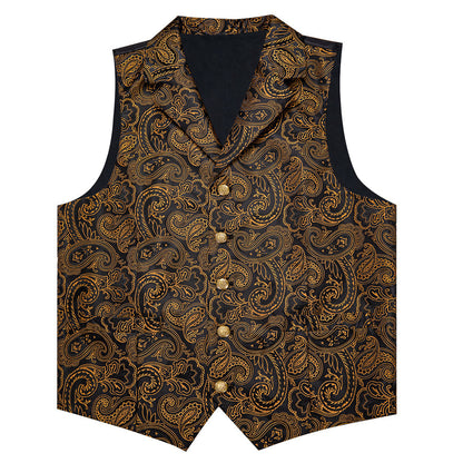 Black Golden Yellow Paisley Men's Collar Vest Set vest set    - Sophisticated Gentlemen