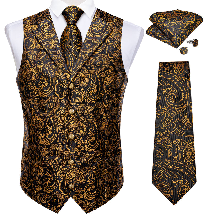 Black Golden Yellow Paisley Men's Collar Vest Set vest set    - Sophisticated Gentlemen