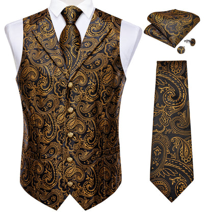 Black Golden Yellow Paisley Men's Collar Vest Set vest set    - Sophisticated Gentlemen