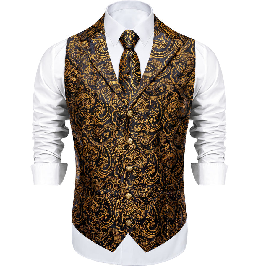 Black Golden Yellow Paisley Men's Collar Vest Set vest set    - Sophisticated Gentlemen