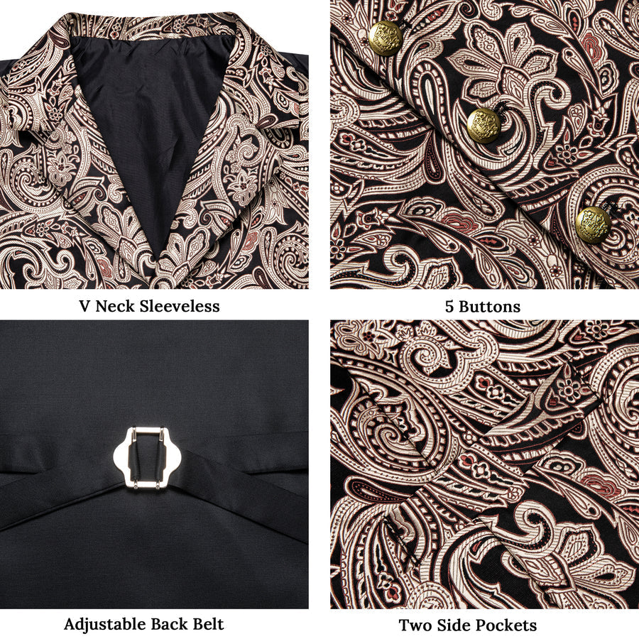 Black Gold Pink Floral Jacquard Vest Set vest set    - Sophisticated Gentlemen