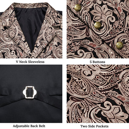 Black Gold Pink Floral Jacquard Vest Set vest set    - Sophisticated Gentlemen