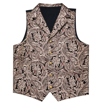 Black Gold Pink Floral Jacquard Vest Set vest set    - Sophisticated Gentlemen
