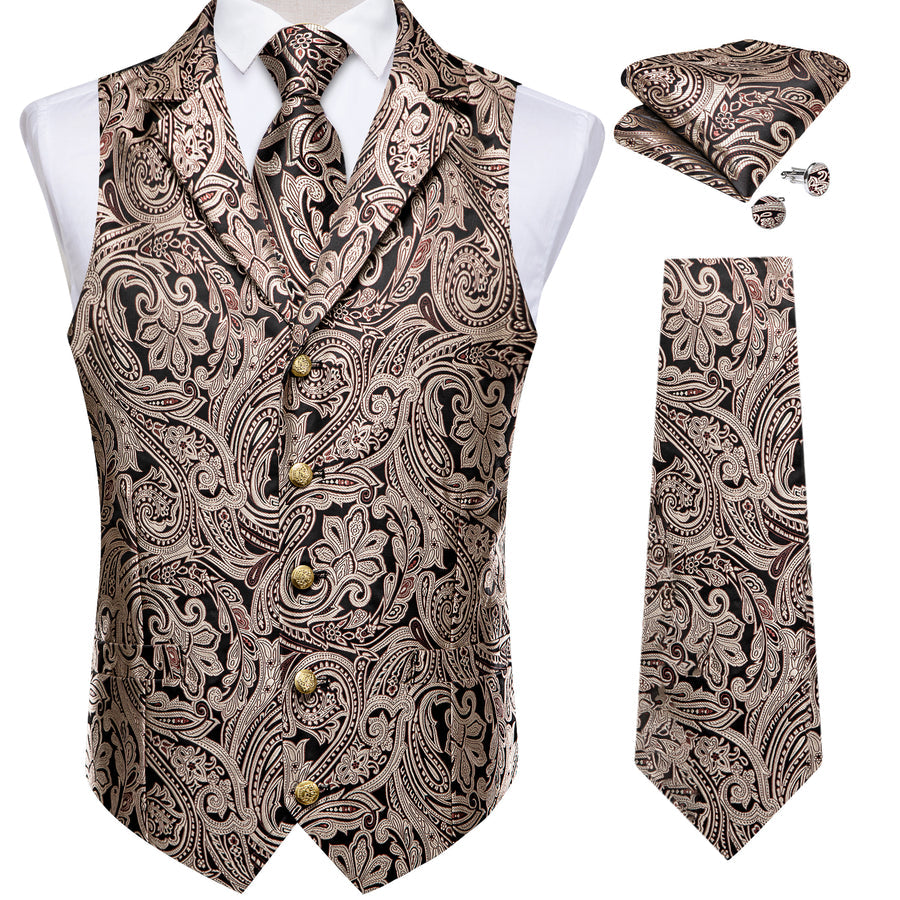 Black Gold Pink Floral Jacquard Vest Set vest set    - Sophisticated Gentlemen