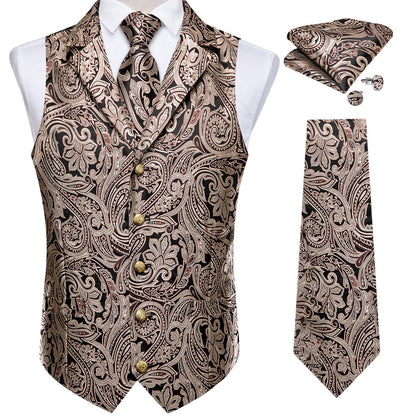Black Gold Pink Floral Jacquard Vest Set vest set    - Sophisticated Gentlemen