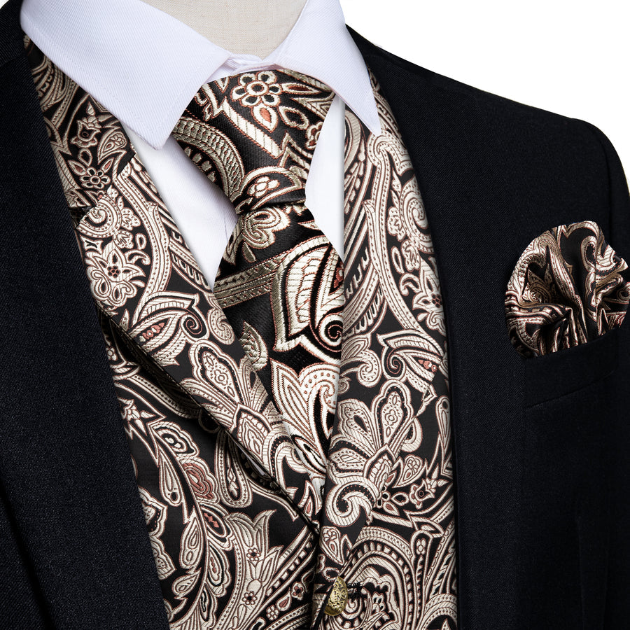 Black Gold Pink Floral Jacquard Vest Set vest set S (Chest 40")   - Sophisticated Gentlemen