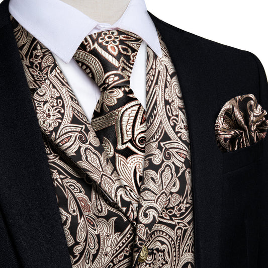 Black Gold Pink Floral Jacquard Vest Set vest set S (Chest 40")   - Sophisticated Gentlemen