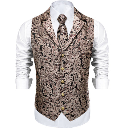Black Gold Pink Floral Jacquard Vest Set vest set    - Sophisticated Gentlemen