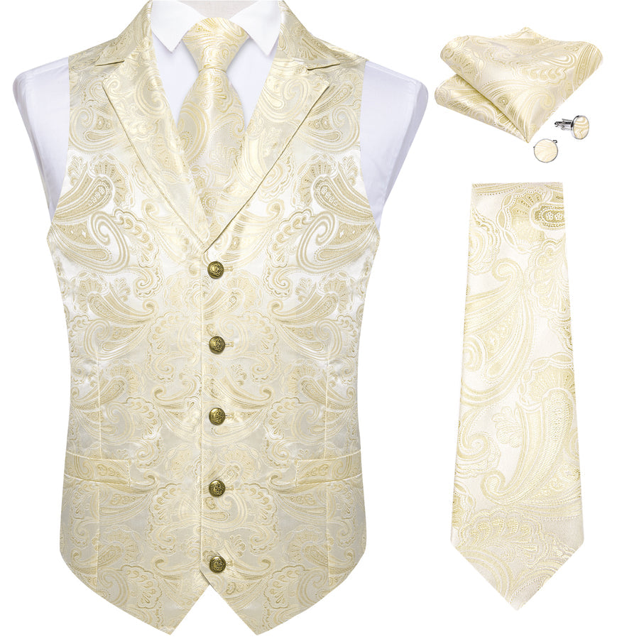 Linen White Paisley Men's Notched Collar Vest Set vest set    - Sophisticated Gentlemen