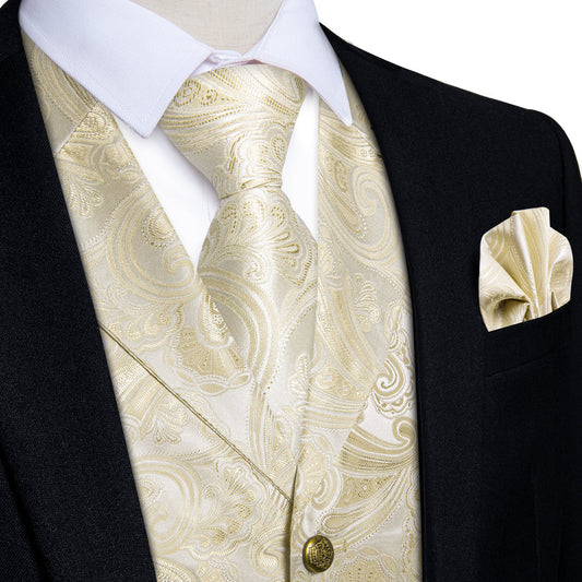 Linen White Paisley Men's Notched Collar Vest Set vest set S (Chest 40")   - Sophisticated Gentlemen