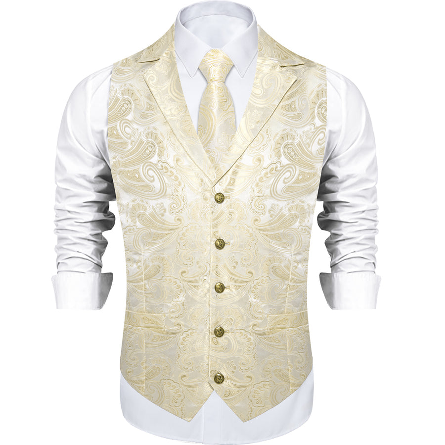 Linen White Paisley Men's Notched Collar Vest Set vest set    - Sophisticated Gentlemen