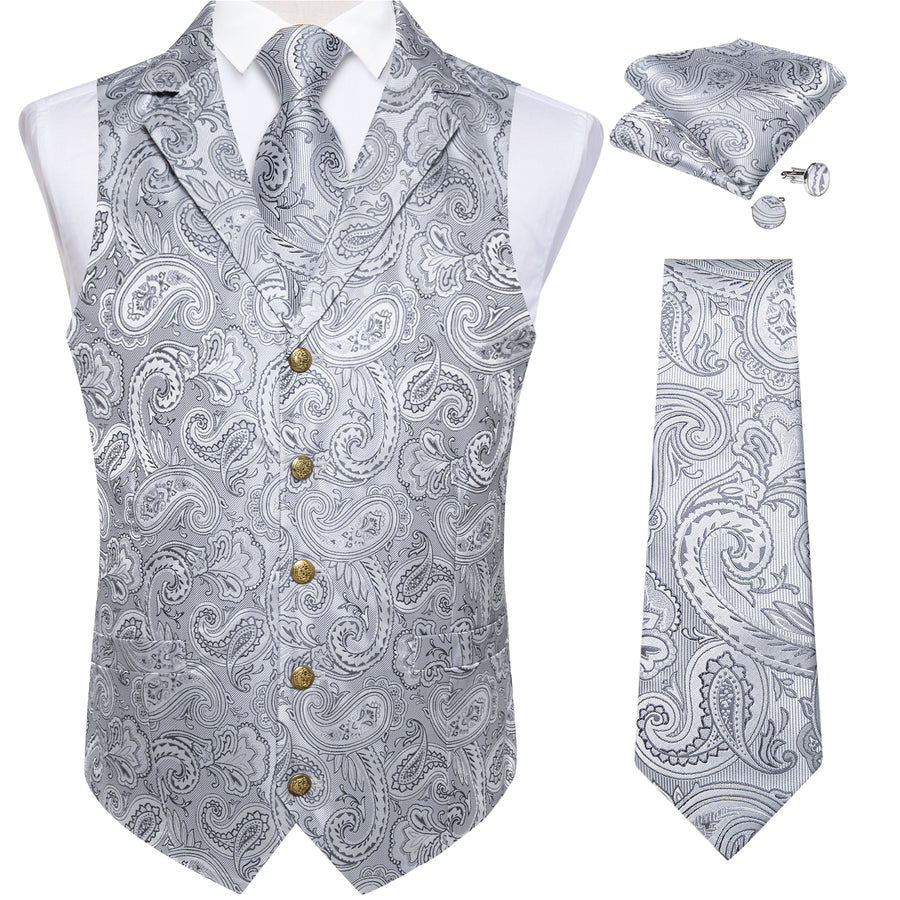 Sliver Gray Paisley Men's Collar Vest Set vest set    - Sophisticated Gentlemen