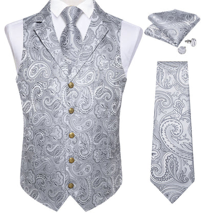 Sliver Gray Paisley Men's Collar Vest Set vest set    - Sophisticated Gentlemen