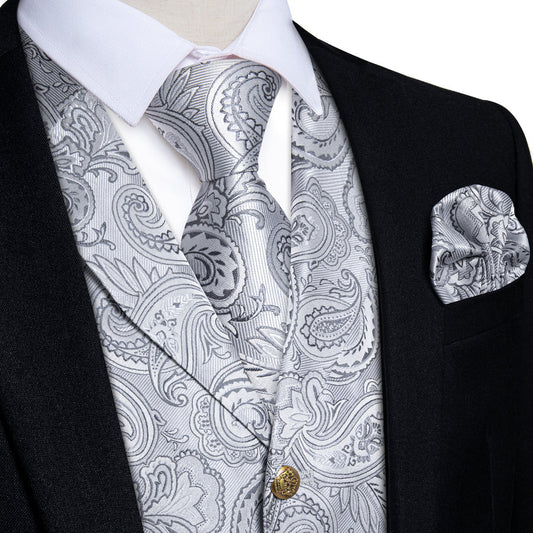 Sliver Gray Paisley Men's Collar Vest Set vest set S (Chest 40")   - Sophisticated Gentlemen