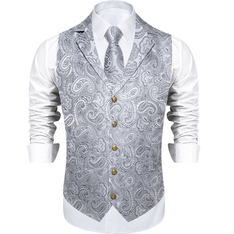 Sliver Gray Paisley Men's Collar Vest Set vest set    - Sophisticated Gentlemen