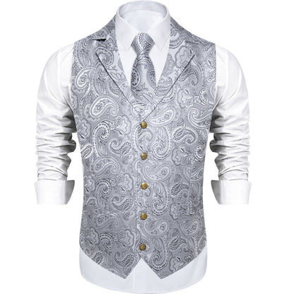 Sliver Gray Paisley Men's Collar Vest Set vest set    - Sophisticated Gentlemen
